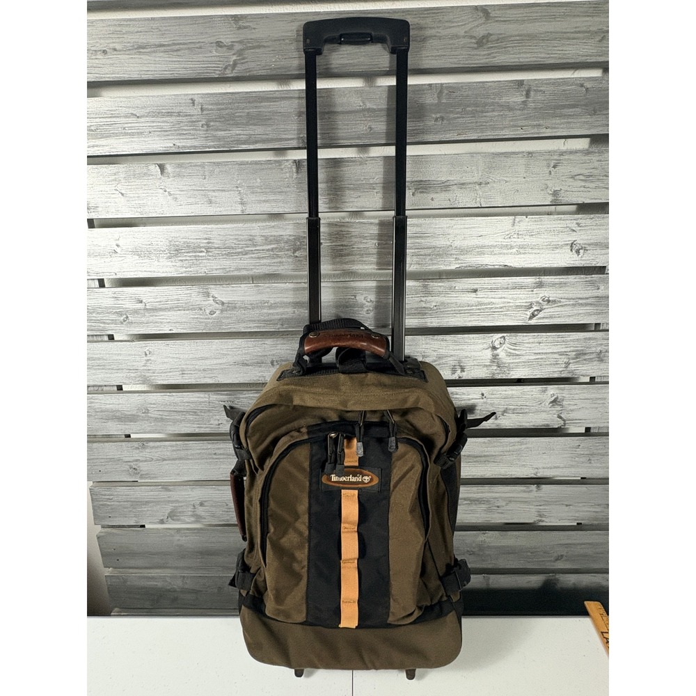 Vintage Timberland Rolling Backpack Luggage Canvas Leather Trim Travel Bag